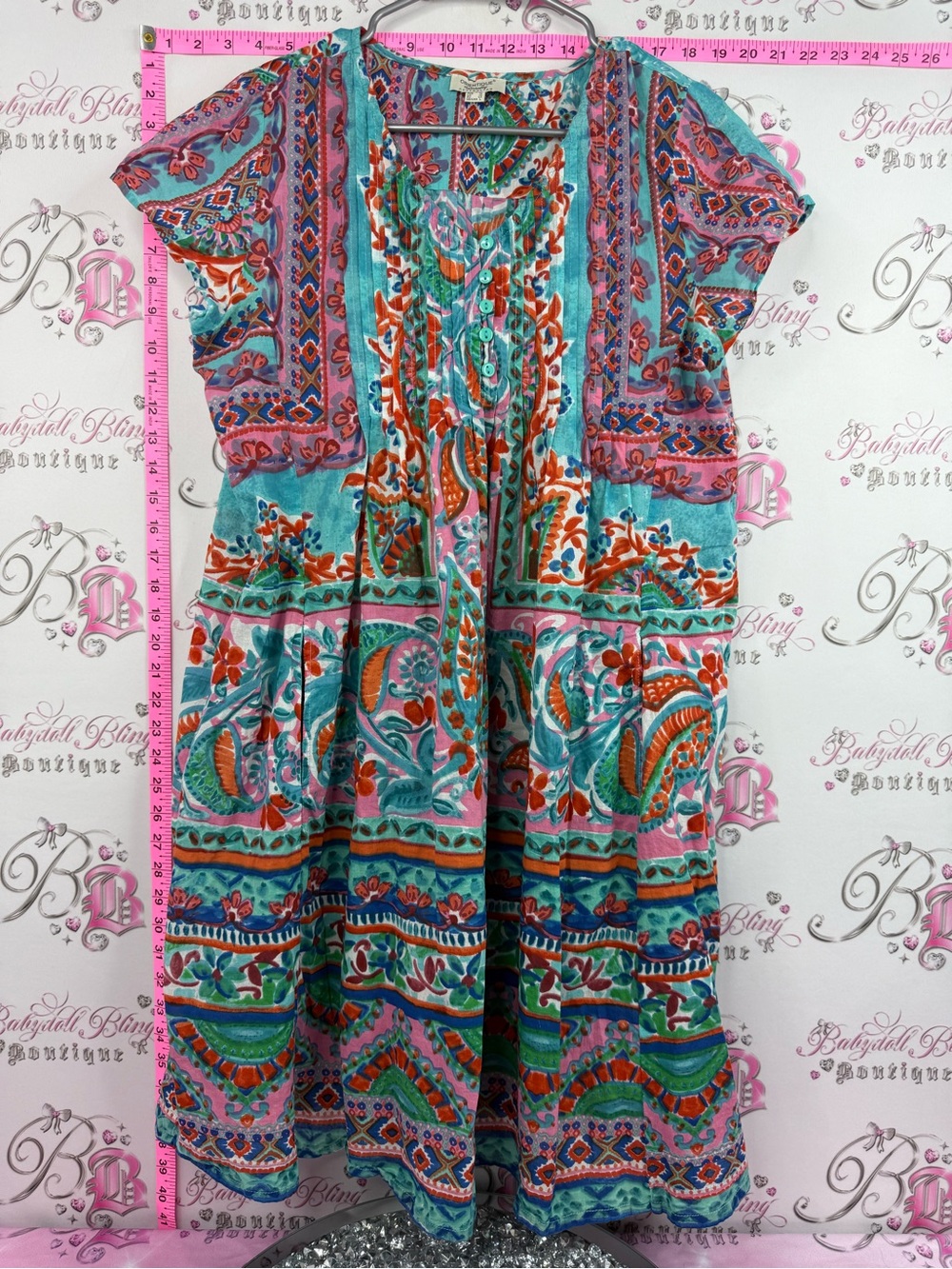 Orientique Australia dress Turquoise and Pink Bohemian Floral Tiered Dress